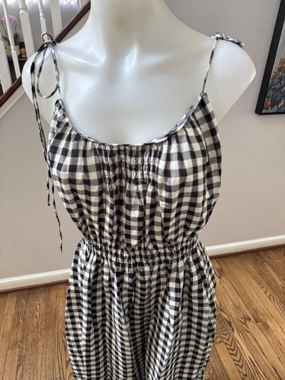DÔEN DOEN Leslie Gingham Smocked Voile Midi Dress Black White Small - Picture 4 of 6